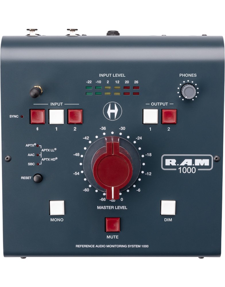 Top view of a dark gray audio monitor controller with buttons, a large rotary knob, and input level LEDs.