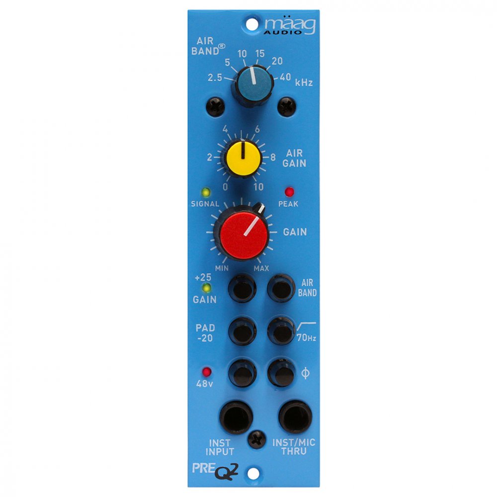 Blue audio control module with knobs, indicator lights, and multiple 1/4 inch jack connectors.