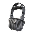Black and gray over-ear headphones with open-back mesh design and padded headband.