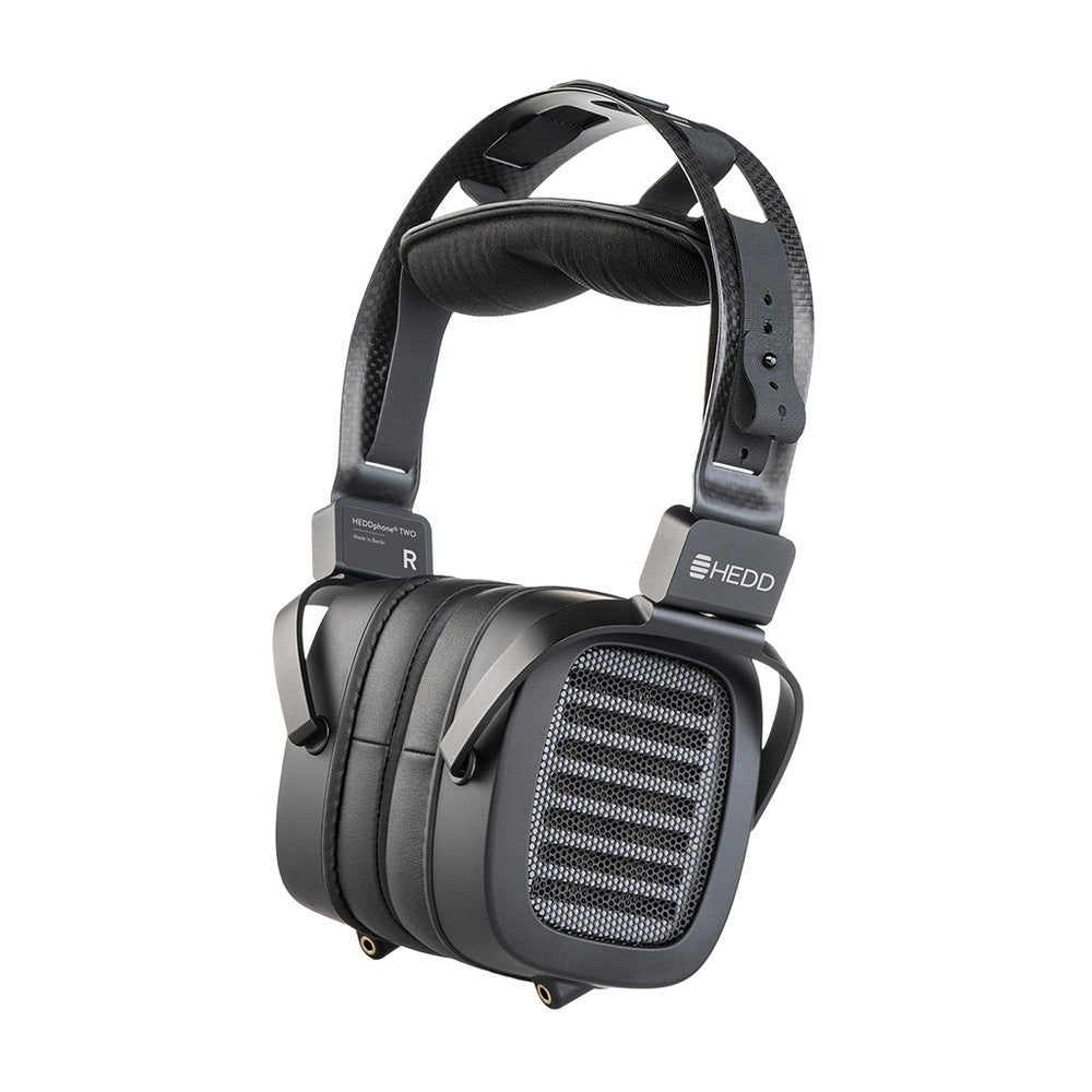 Black and gray over-ear headphones with open-back mesh design and padded headband.