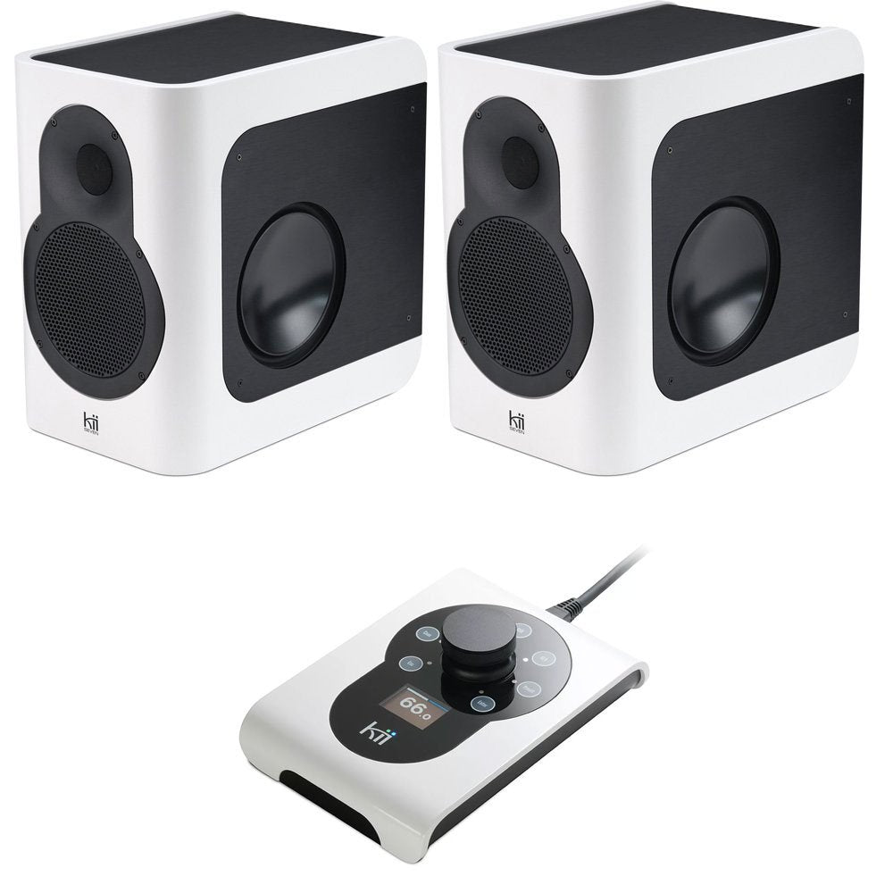 Two white and black studio monitor speakers with a control unit featuring a rotary knob and display showing 66.