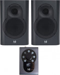 Pair of dark grey studio monitors and a control unit with rotary knob and buttons shown from front