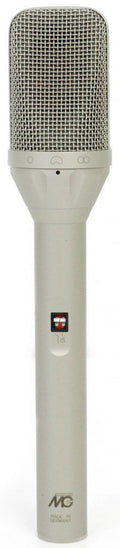 Silver handheld microphone with metal mesh grille and switch on the handle.
