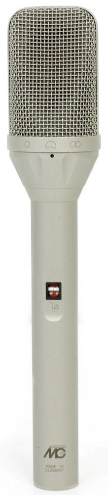 Silver handheld microphone with metal mesh grille and switch on the handle.