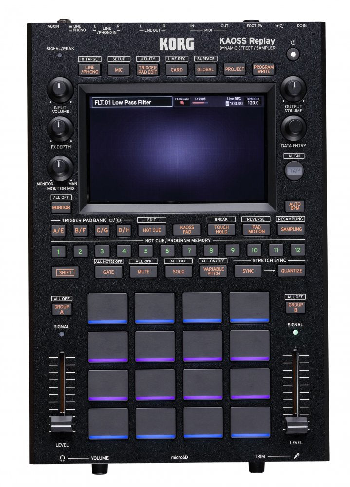 Top view of a KORG KAOSS Replay sampler with pads, knobs, buttons, sliders, and a digital display screen.
