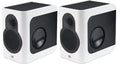 Pair of white and black speakers with front and side drivers, branded with 'kii' logo on front.