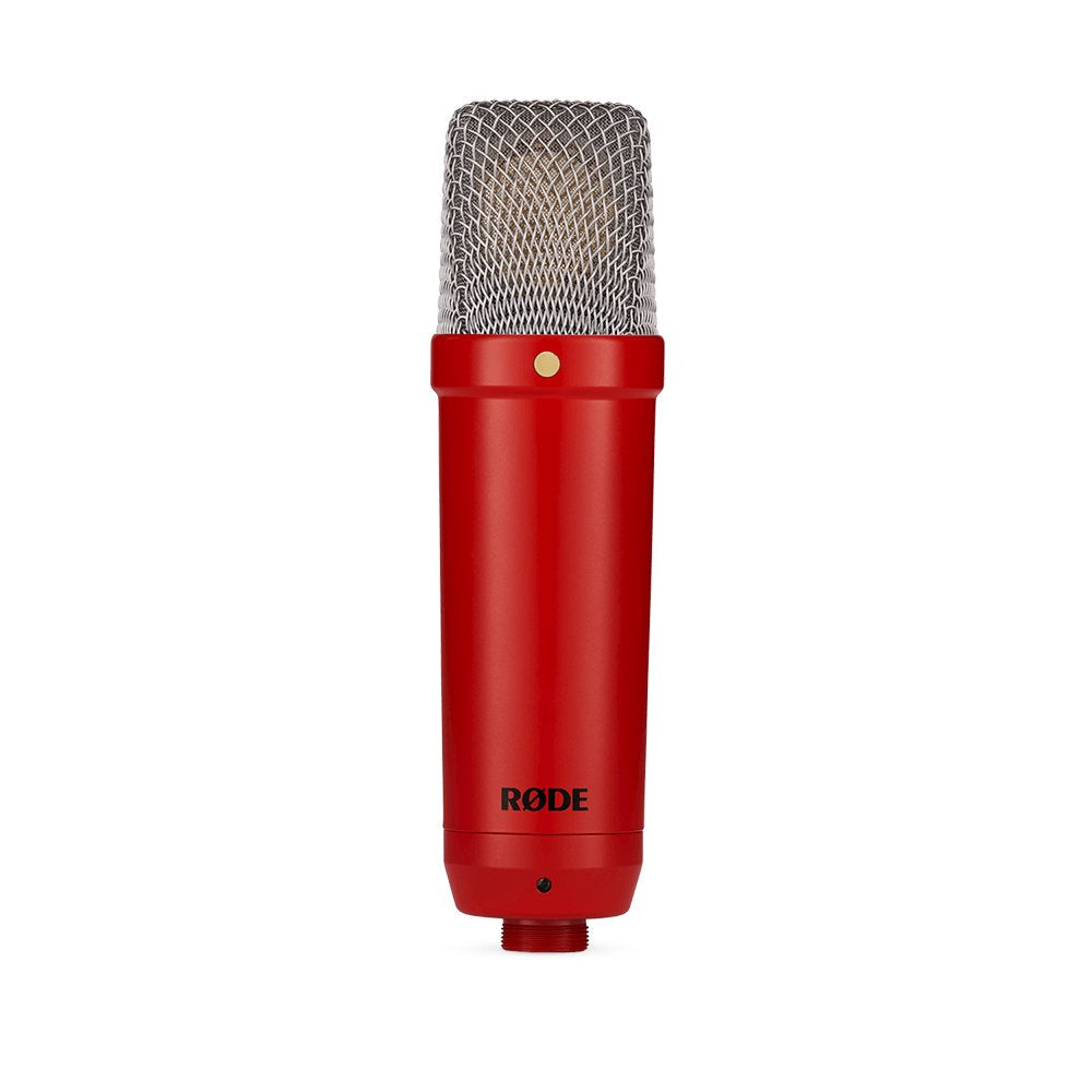 Red cylindrical microphone with a silver mesh grille and RØDE logo on the body.