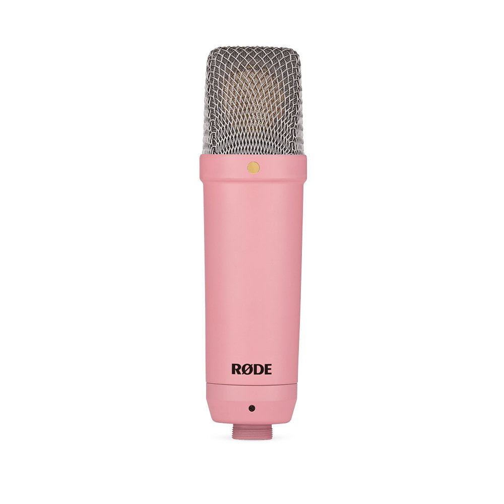Pink condenser microphone with metal mesh grille and RØDE logo on body.