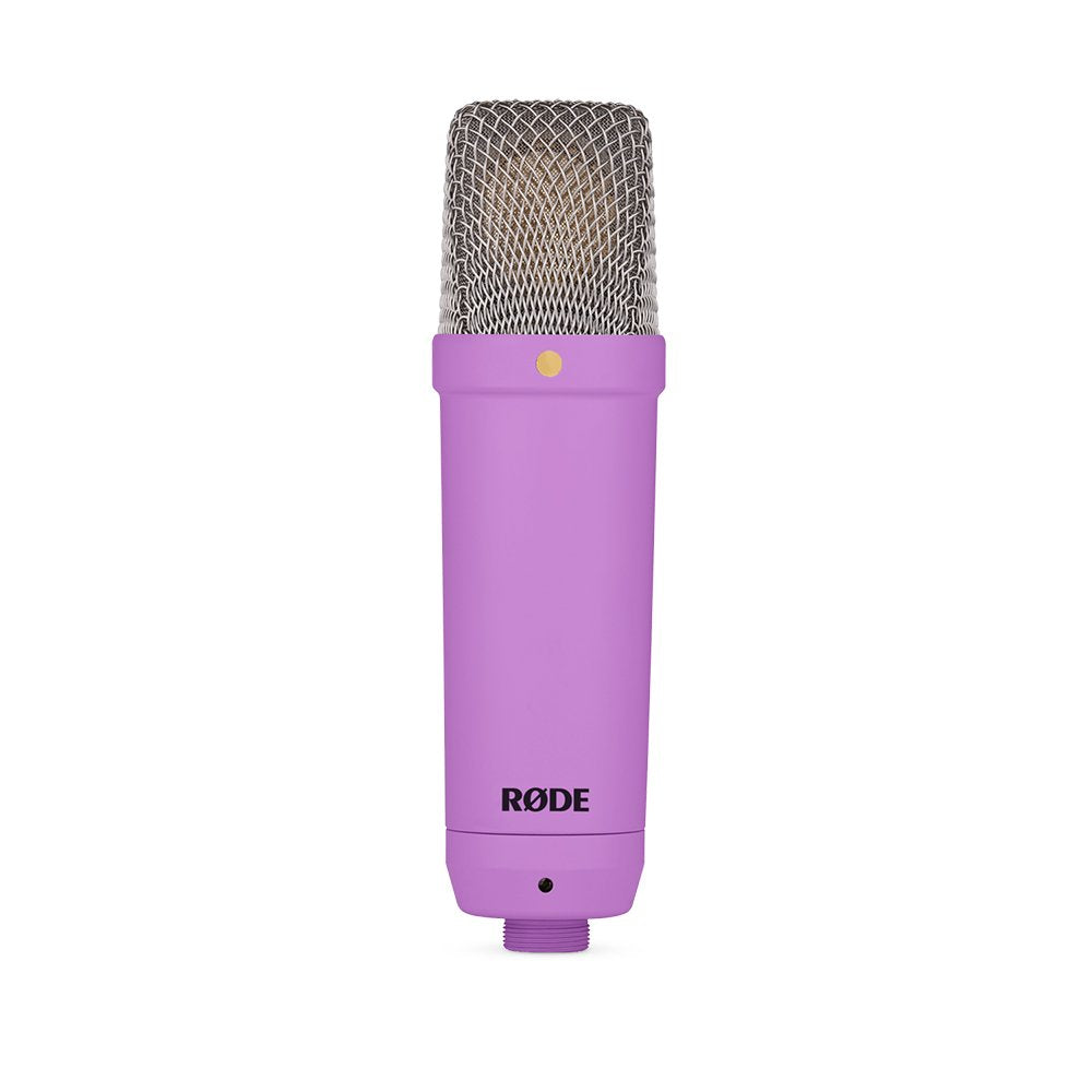 Purple microphone with silver mesh grille and black RØDE branding on the body.