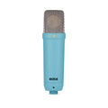 Blue studio microphone with silver mesh grille and black RØDE logo on body