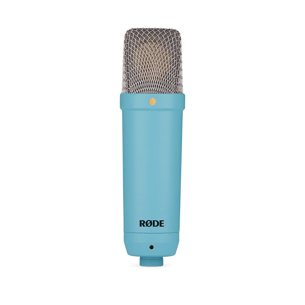 Blue studio microphone with silver mesh grille and black RØDE logo on body