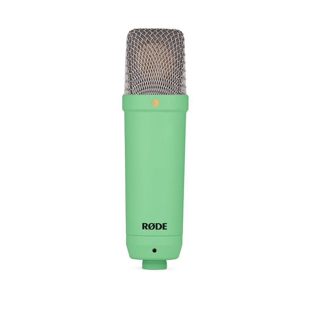 Front view of a green Rode microphone with silver mesh grille and a black Rode logo.