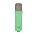 Front view of a green Rode microphone with silver mesh grille and a black Rode logo.
