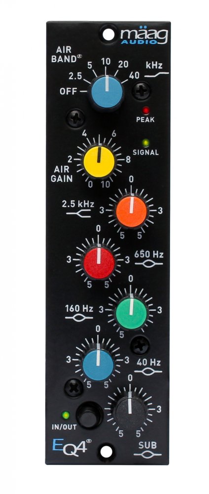 Black audio processor module with six colored rotary knobs and labels indicating frequency and gain controls.