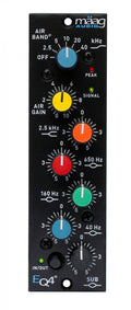 Black audio processor module with six colored rotary knobs and labels indicating frequency and gain controls.