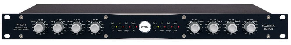 Front panel of a stereo impulse shaper audio processor with knobs, buttons, and LED indicators.