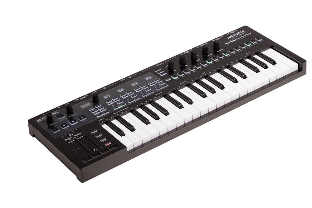 Black MIDI controller keyboard with knobs, buttons, pads, and touch strips, branded ARTURIA KeyStep Pro.