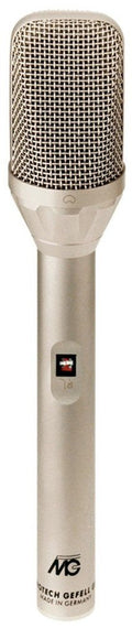 Silver handheld microphone with metal mesh grille and switch on the handle.