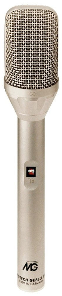Silver handheld microphone with metal mesh grille and switch on the handle.