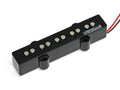 Black rectangular electric guitar or bass pickup with eight metal pole pieces and two wires extending from one end.
