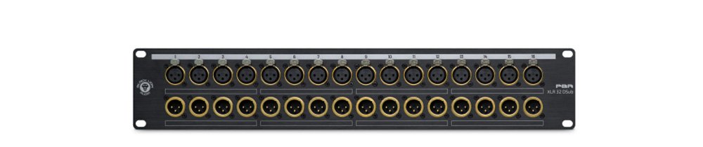 Black patchbay panel with two rows of gold and black XLR connectors and white numbering.