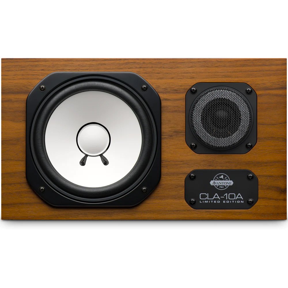Front view of a studio monitor speaker with a wooden finish, large woofer, smaller tweeter, and brand label plate.
