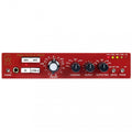 Front panel of a red audio preamp device with multiple knobs, switches, indicator lights, and a 1/4 inch jack input.