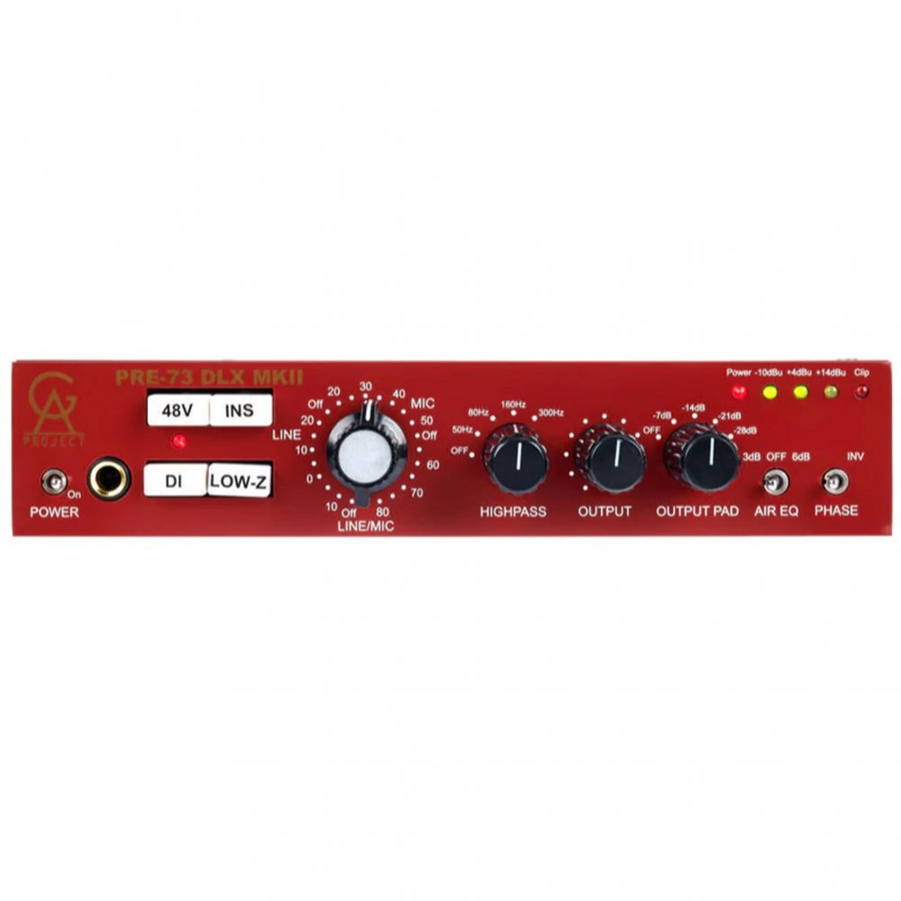 Front panel of a red audio preamp device with multiple knobs, switches, indicator lights, and a 1/4 inch jack input.