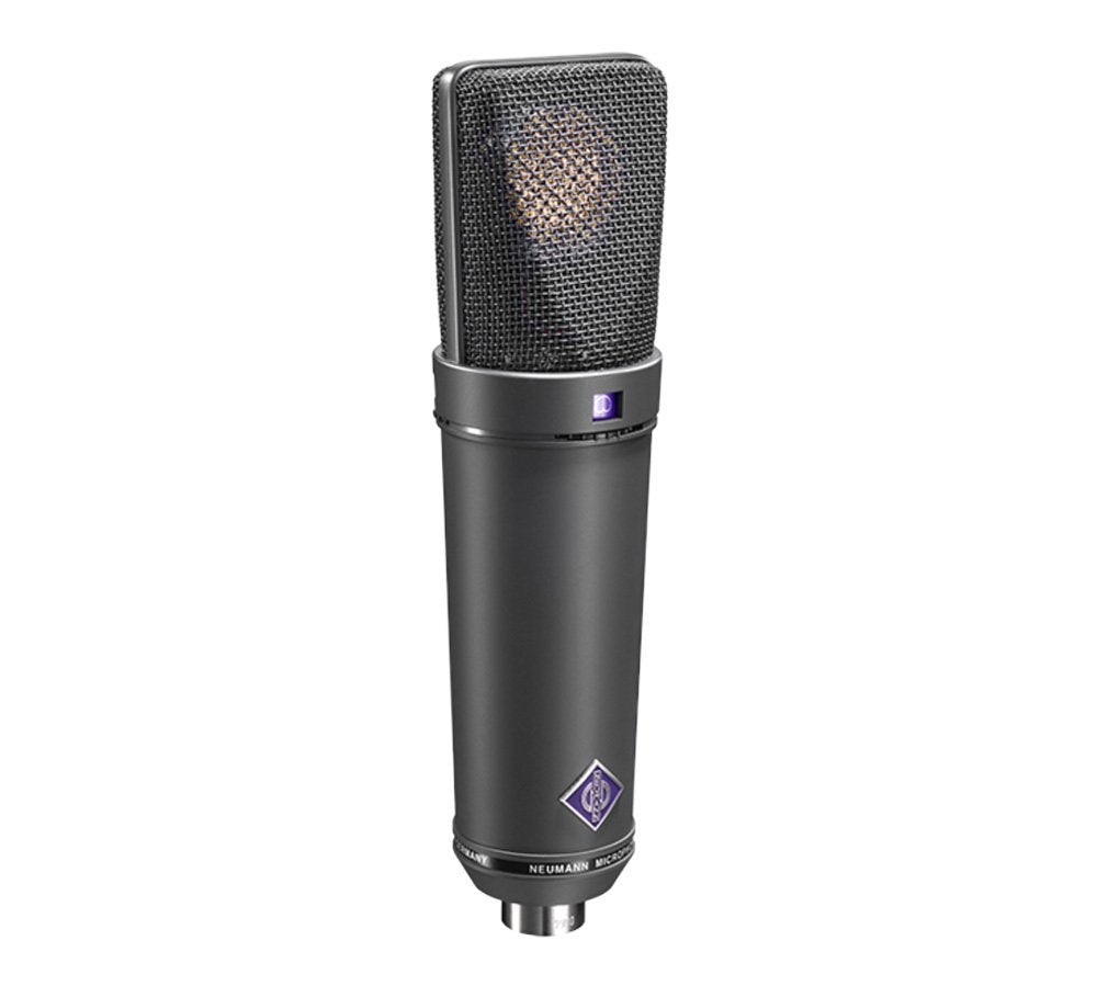 Black studio condenser microphone with a silver mesh grille and purple badge logo on the body.