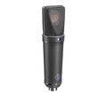 Black studio condenser microphone with a silver mesh grille and purple badge logo on the body.