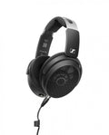 Black and gray over-ear headphones with open-back mesh design and coiled detachable audio cable.