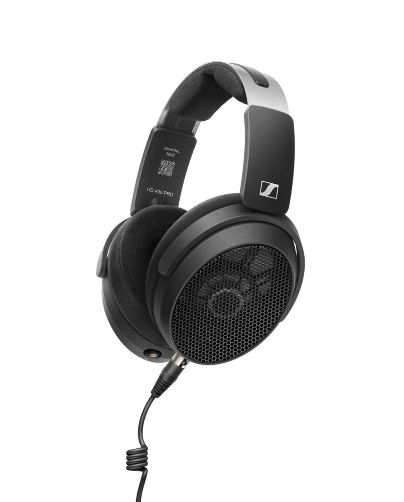 Over-ear black and gray headphones with mesh ear cups and a coiled wired 3.5mm audio connector.