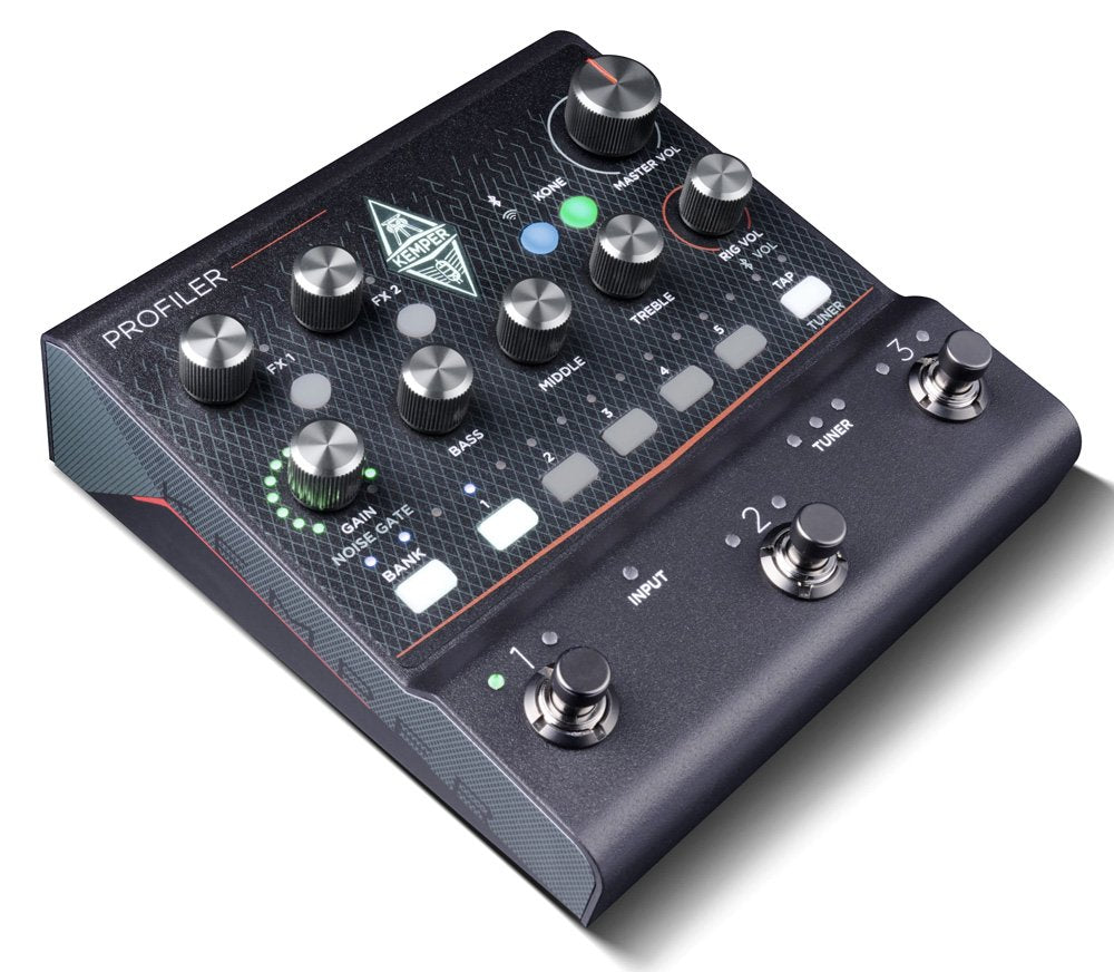 Black rectangular guitar effects pedal with multiple knobs, footswitches, buttons, and labeled controls on top.