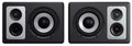 Two black and silver studio monitor speakers shown from the front with visible drivers and BAREFOOT logo.