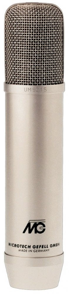 Metallic beige microphone with mesh grille and printed text including UM 92.1S and Microtech Gefell GmbH.
