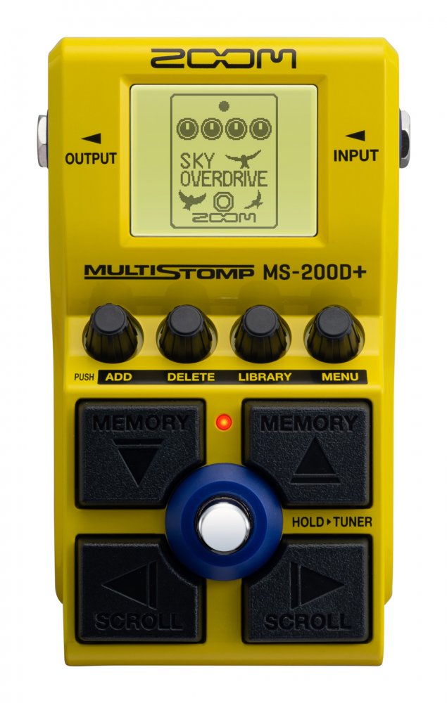 Yellow multi-effects guitar pedal with digital display, four knobs, and multiple footswitches labeled MEMORY and SCROLL.