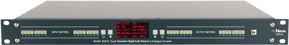 Front panel of a digital audio network to analogue converter with input/output meters and a display screen showing status info.
