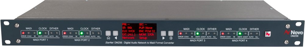 Front panel of a black Neve DM256 digital audio network to MADI format converter with multiple LED indicators and coaxial ports.