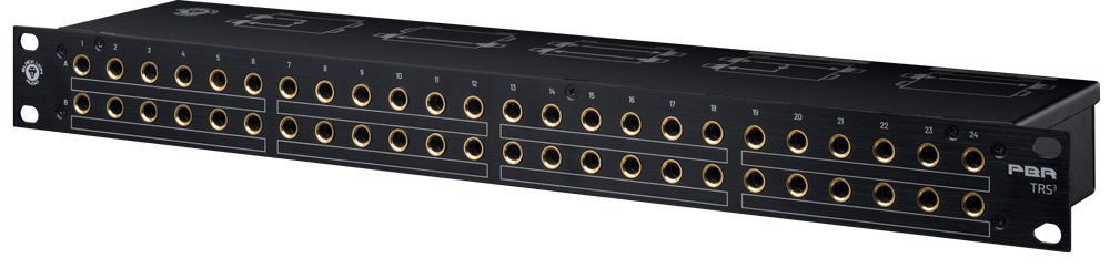 Black metal patchbay panel with 24 pairs of gold 1/4 inch TRS jacks numbered 1 to 24.