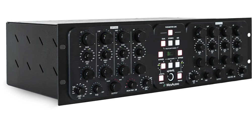 Black rackmount audio processor unit with multiple rotary knobs and push buttons labeled with frequency and gain controls.