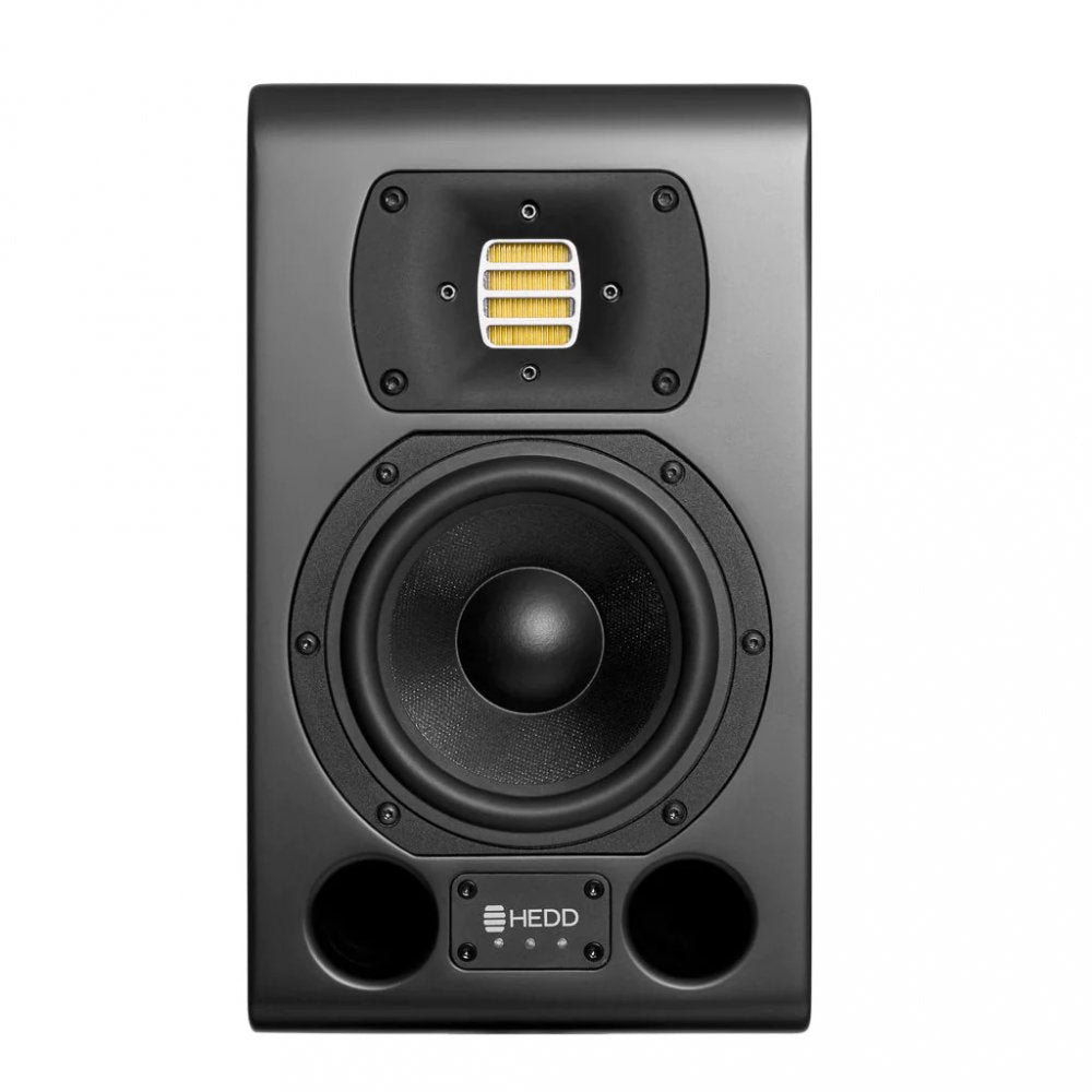 Black studio monitor speaker with yellow tweeter, round woofer, and HEDD logo on front panel.