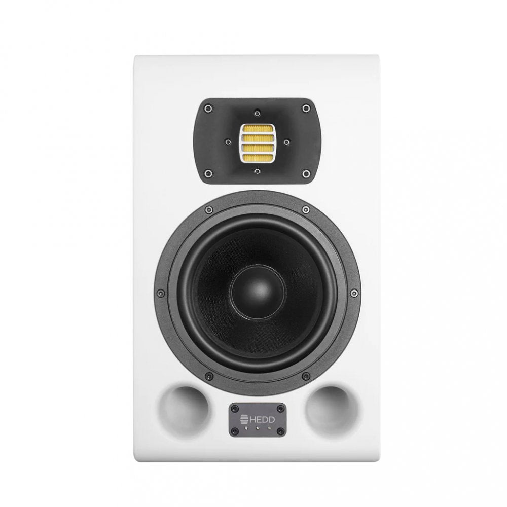 White studio monitor speaker with black woofer, yellow tweeter, and dual front ports.