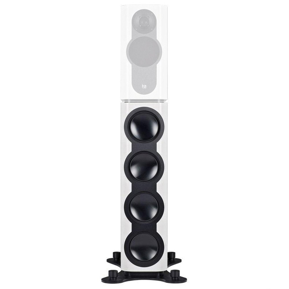 White and black floor-standing speaker with a white top section and four black circular speaker elements on a stand.