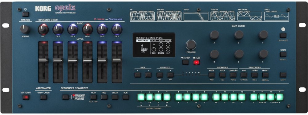Blue KORG Opsix synthesizer module with multiple knobs, sliders, buttons, and a small display screen.