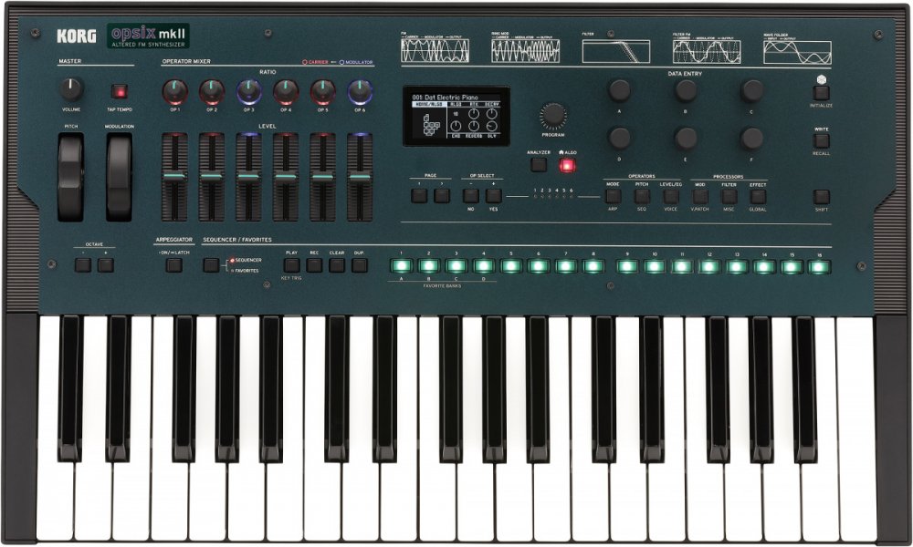 Korg Opsix mkII synthesizer keyboard with control knobs, sliders, buttons, and display screen.