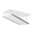 Rectangular white acoustic panel suspended from ceiling by four thin black cables.