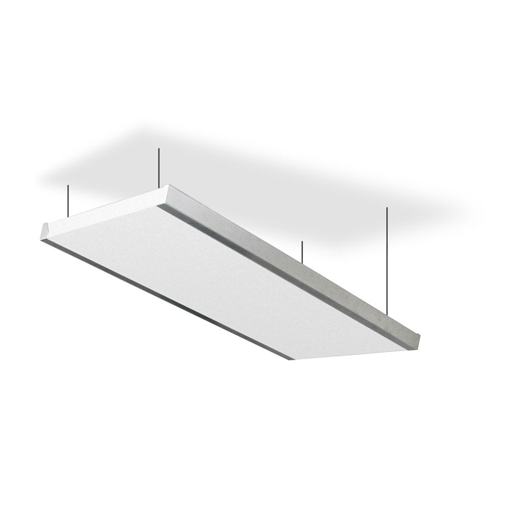 Rectangular white acoustic panel suspended from ceiling by four thin black cables.