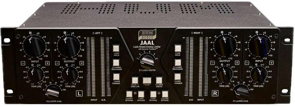 Front view of a HUM AUDIO LAAL stereo analog limiter with multiple rotary knobs, LED meters, and push buttons on a black rack unit.