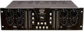Front view of a HUM AUDIO LAAL stereo analog limiter with multiple rotary knobs, LED meters, and push buttons on a black rack unit.
