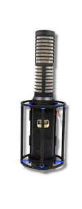 Black and gray studio microphone inside a black cylindrical shock mount with blue accents.